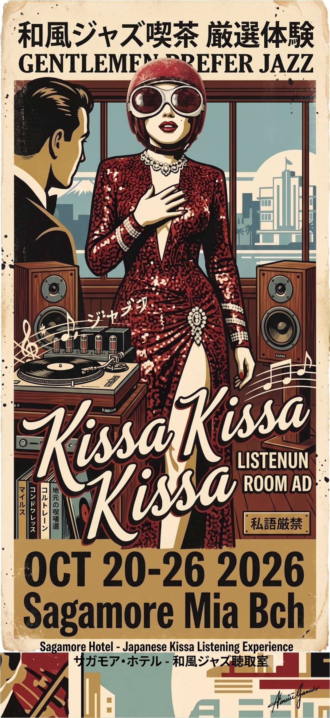 Supplied illustrated KISSA concept poster with speakers, a turntable and stylized figures. Its printed October 20–26, 2026 event details remain unconfirmed.