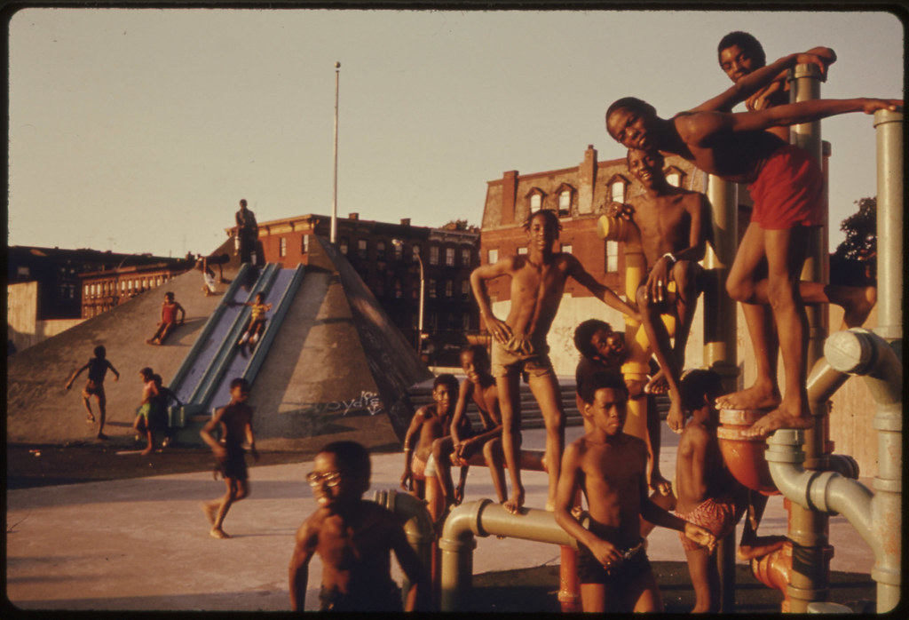 Young people at Kosciuszko Pool in Bedford-Stuyvesant, July 1974.