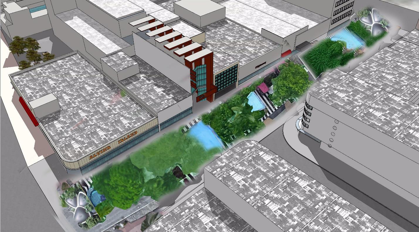Supplied 2023 conceptual aerial view of Lincoln Road’s 200–300 blocks, showing a planted pedestrian corridor with trees and water features.